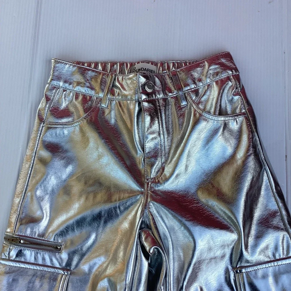 No Boundaries Metallic Silver Cargo Pants Wide Leg Faux Leather Festival S 4-6
